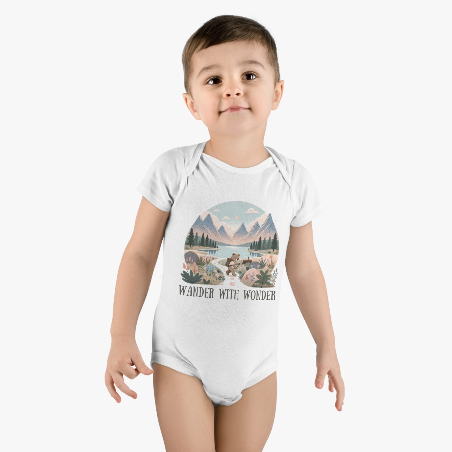 WANDER WITH WONDER - Bear Hike in Mountains Organic Baby Bodysuit