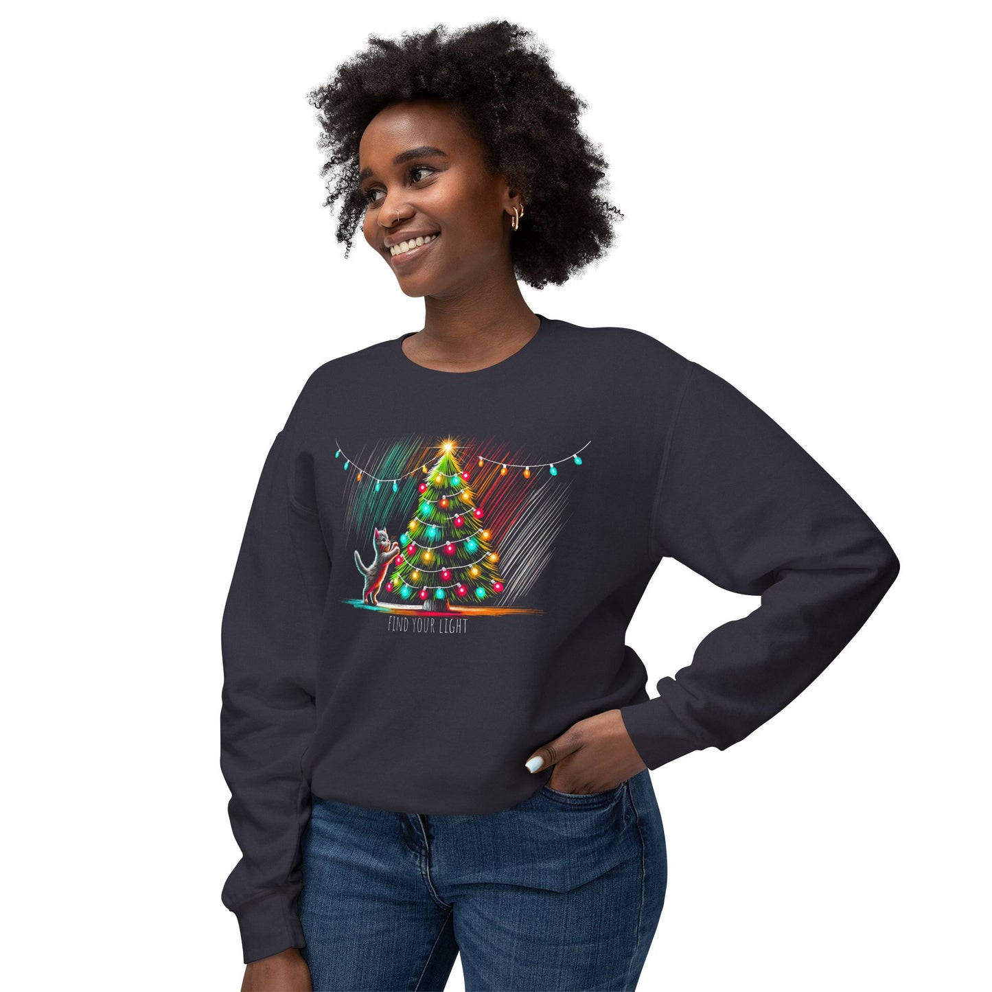 Find Your Light Christmas Cat Crewneck Sweatshirt – Festive Holiday Cat Sweater | Nine Scoops