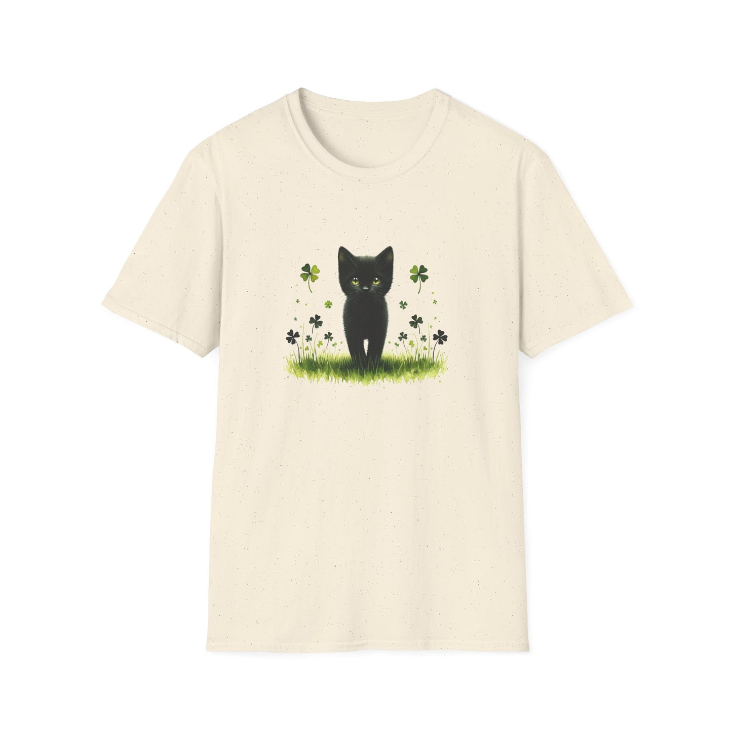 Luck T-Shirt (Black Kitten with Four-Leaf Clovers Unisex, 100% cotton)