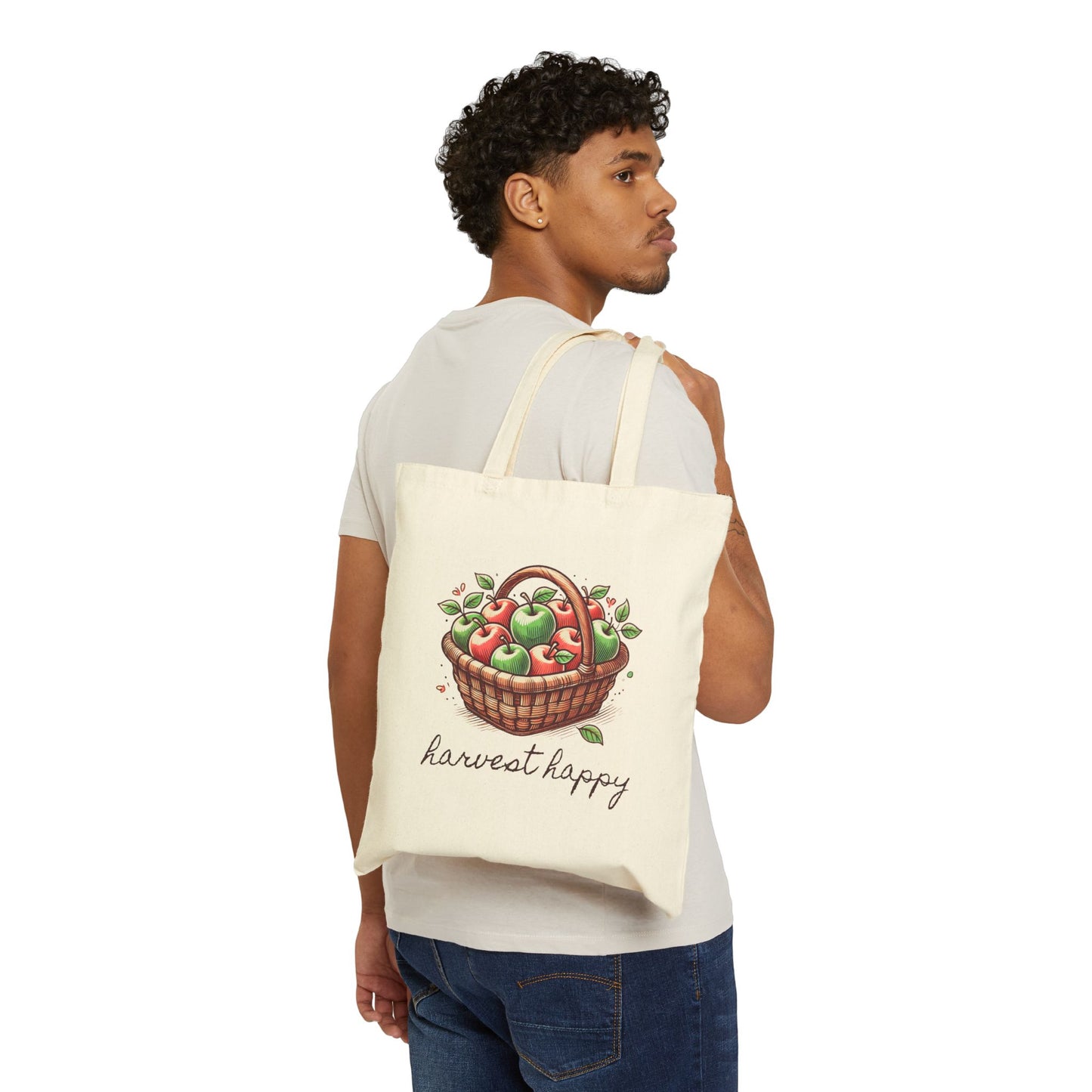 Harvest Happy Cotton Canvas Tote Bag – Perfect for Fall and Apple Picking