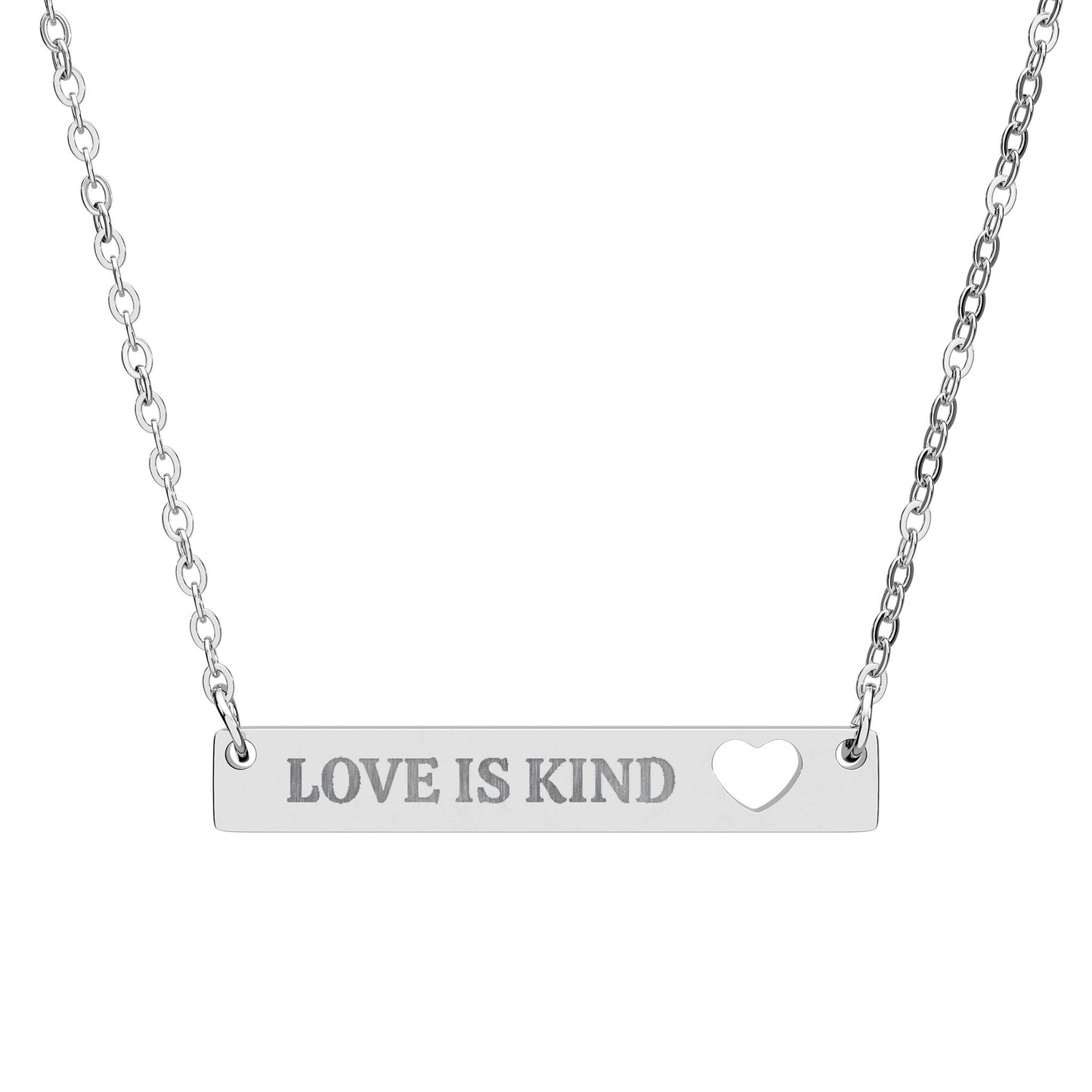 Love Is Kind Valentine Bar Necklace – Engraved Heart Cutout Jewelry Gift