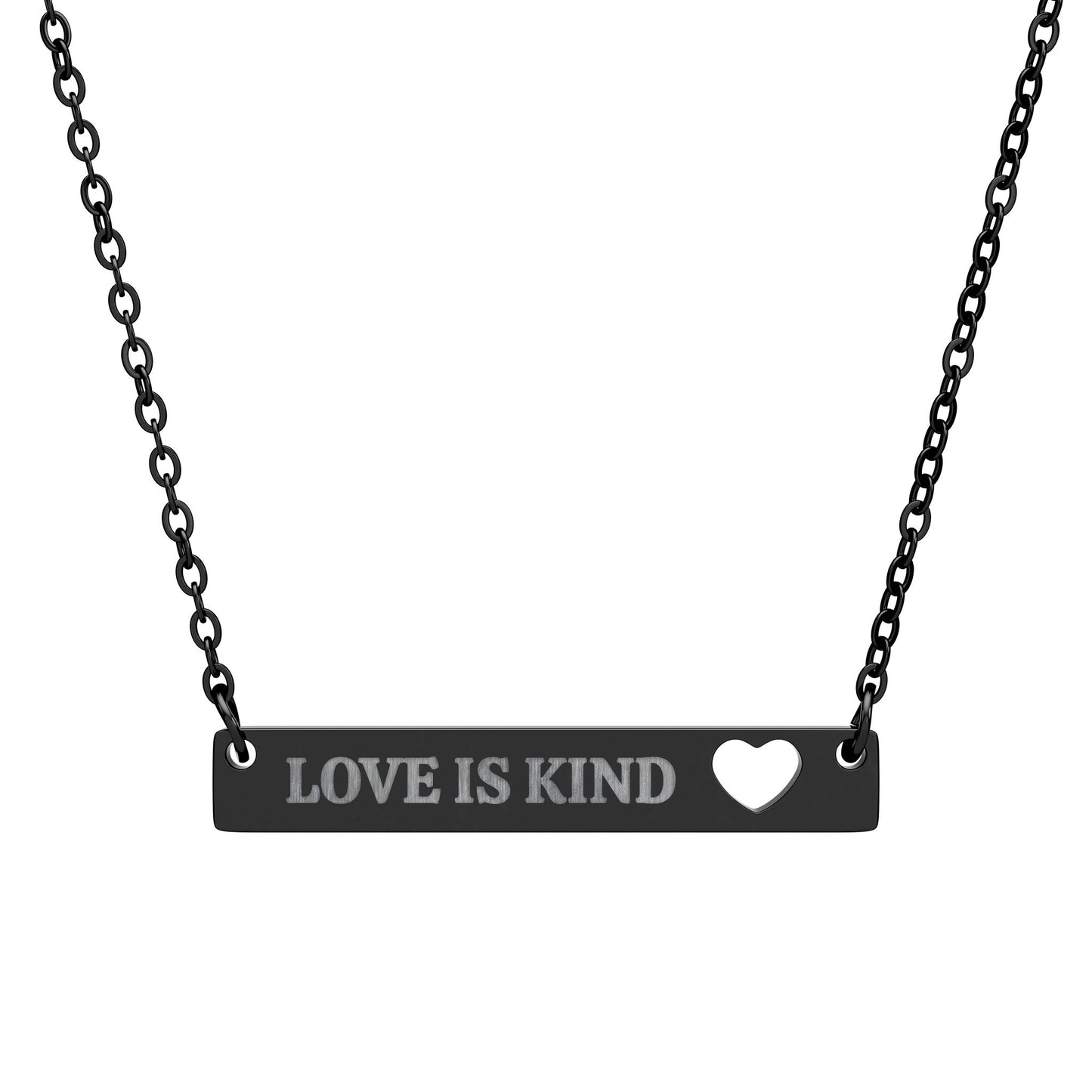 Love Is Kind Valentine Bar Necklace – Engraved Heart Cutout Jewelry Gift
