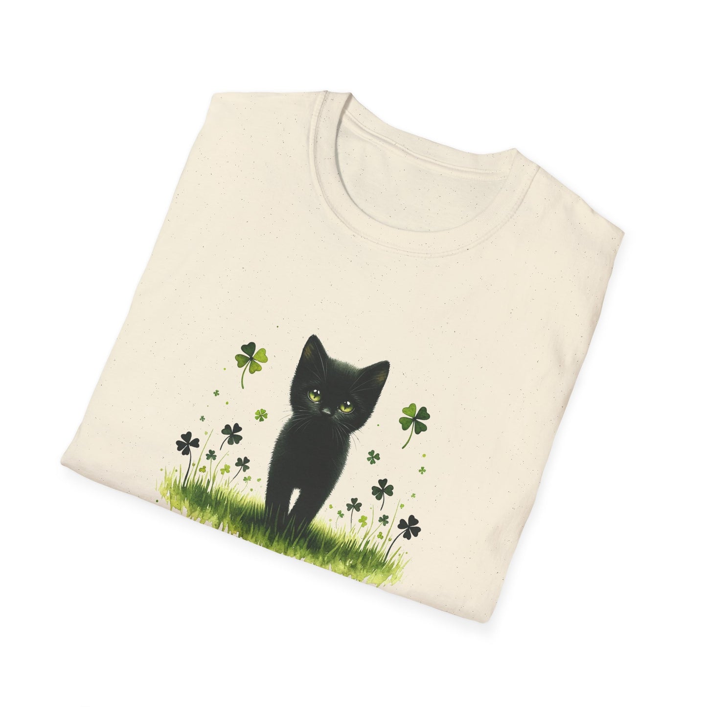 Luck T-Shirt (Black Kitten with Four-Leaf Clovers Unisex, 100% cotton)