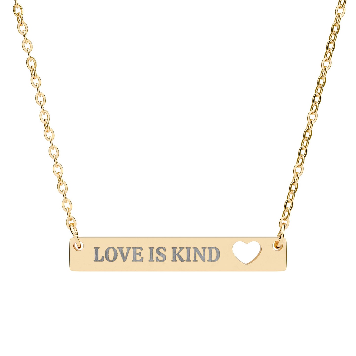 Love Is Kind Valentine Bar Necklace – Engraved Heart Cutout Jewelry Gift